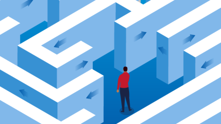 Illustration of person in maze deciding which direction to take