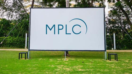 Outdoor movie screen with licensing logo