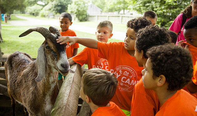 Campers petting a goat