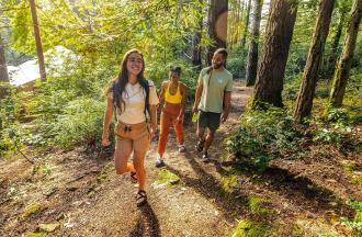 Young adults walking on trail in woods