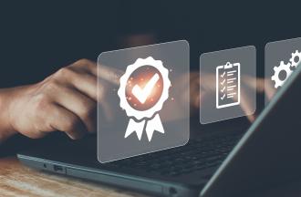 photo of laptop with checkmark/badge illustration