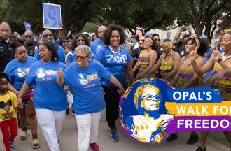 Dr. Opal Lee with the Opal's Walk for Freedome logo