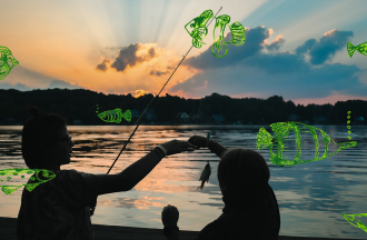 Two campers fishing at sunset