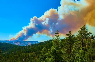 smoke and fire rising from mountain in the distance