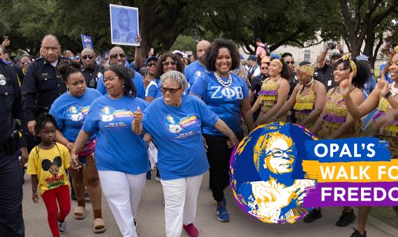 Dr. Opal Lee with the Opal's Walk for Freedome logo