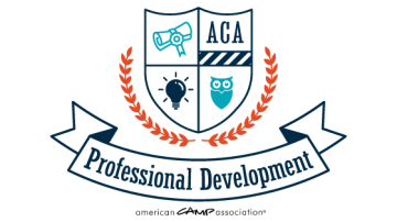 Shield with scroll, lightbulb, owl, and 'ACA' in quadrants; laurel under shield; 'Professional Development' on banner under laurel