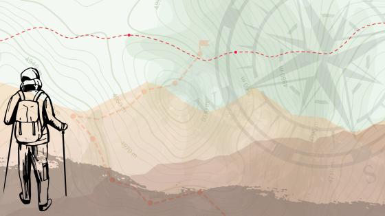 Graphic with overlaying mountains, compass, hiking trail, and hiker