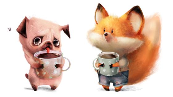 Dog and Fox drinking coffee