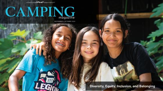 2024 September/October Cover Image of three smiling campers with the theme of Diversity, Equity, Inclusion, and Belonging