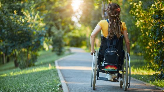 person navigating wheelchair down path