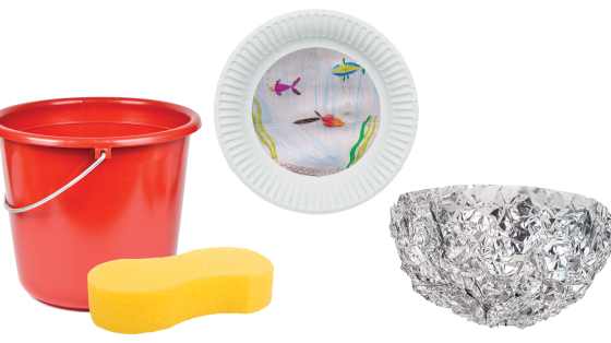 Bucket and sponge, paper plate aquarium, and foil boat