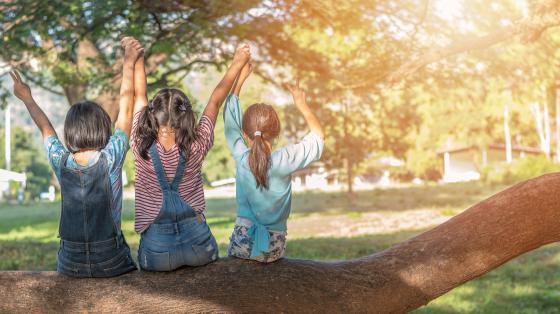 Kids in a tree, arms up