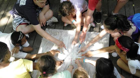 Campers group painting on canvas