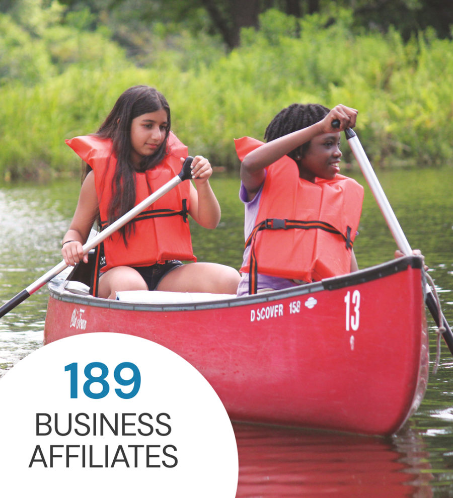 Two campers in canoe with business affiliates number
