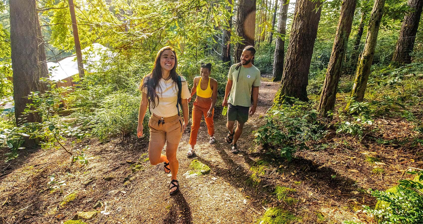 Young adults walking on trail in woods
