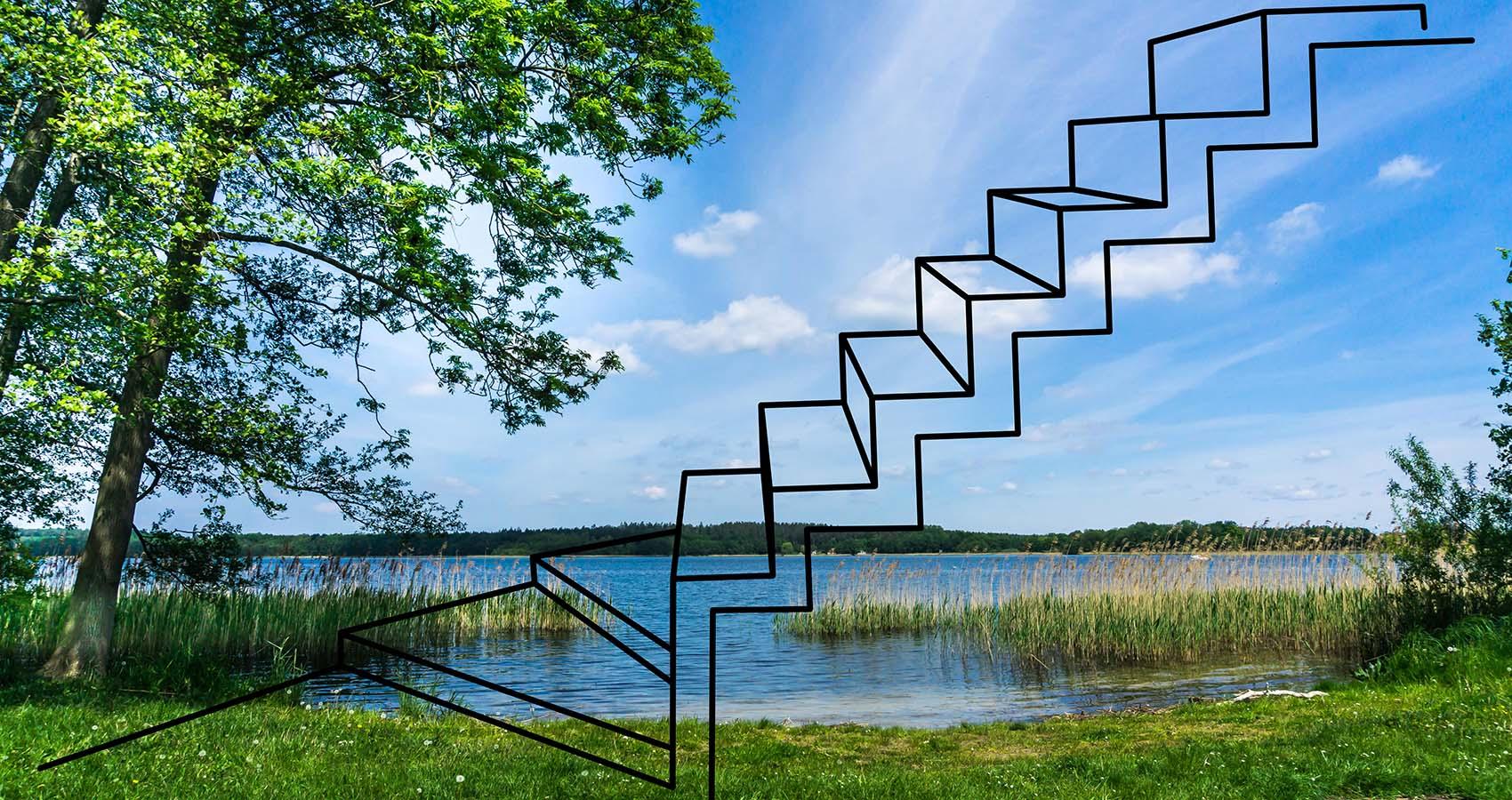 Stock photo of lake with step illustration overlay
