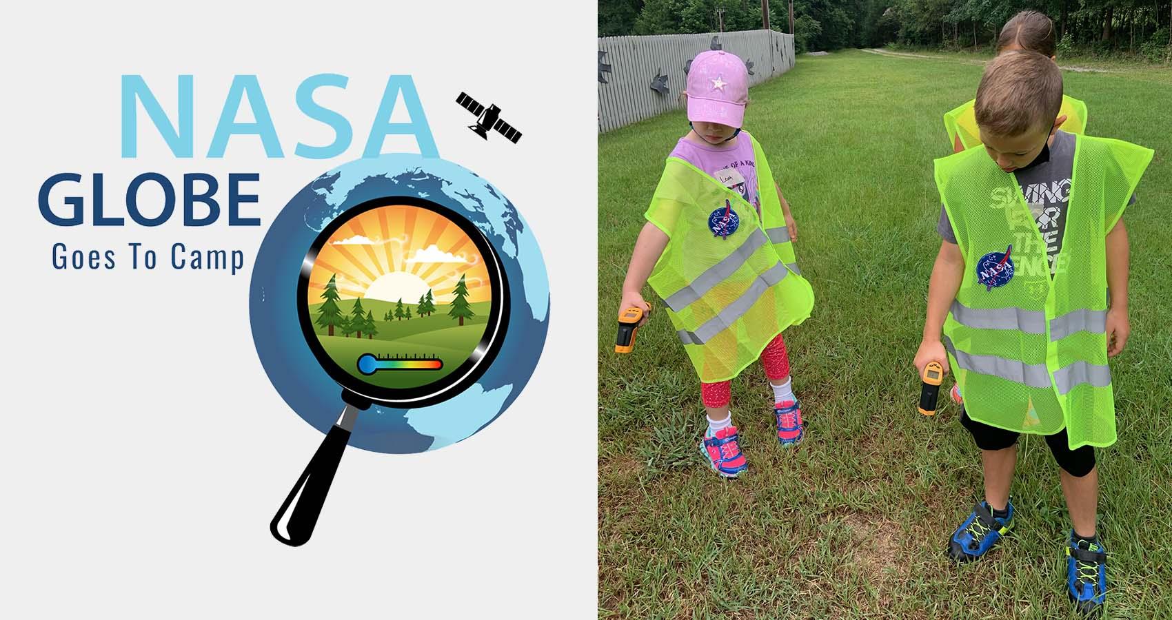 NASA GLOBE logo with campers taking ground temperature