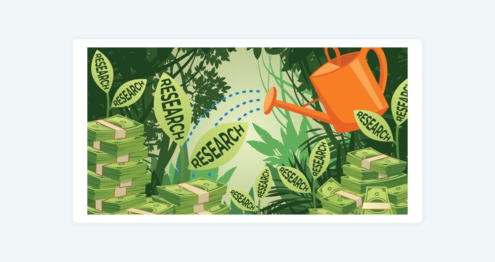 Illustration of watering can watering money and leaves
