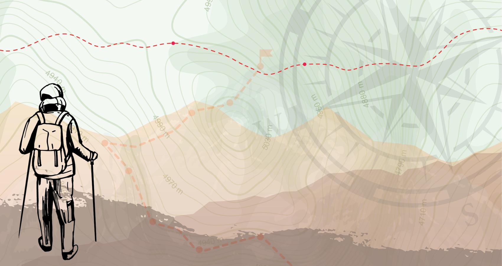 Graphic with overlaying mountains, compass, hiking trail, and hiker