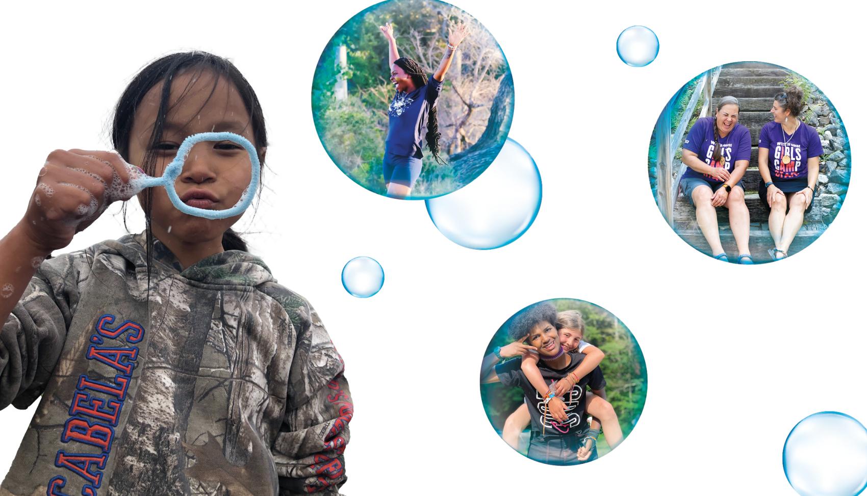 Camper blowing bubbles with images of other campers in bubbles