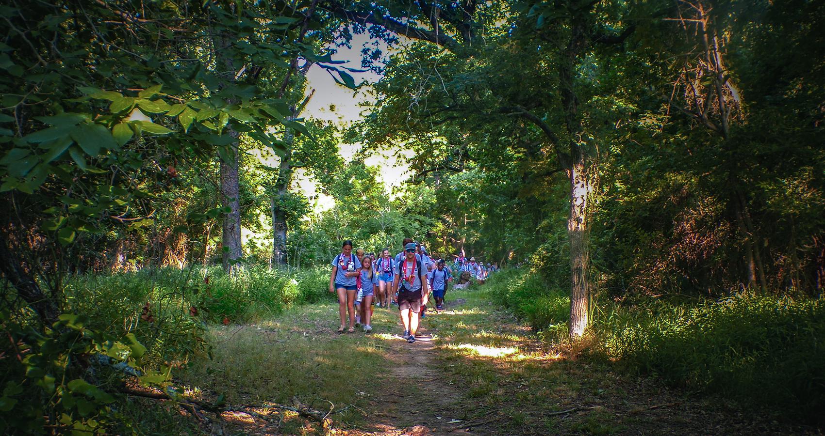 campers and staff hiking