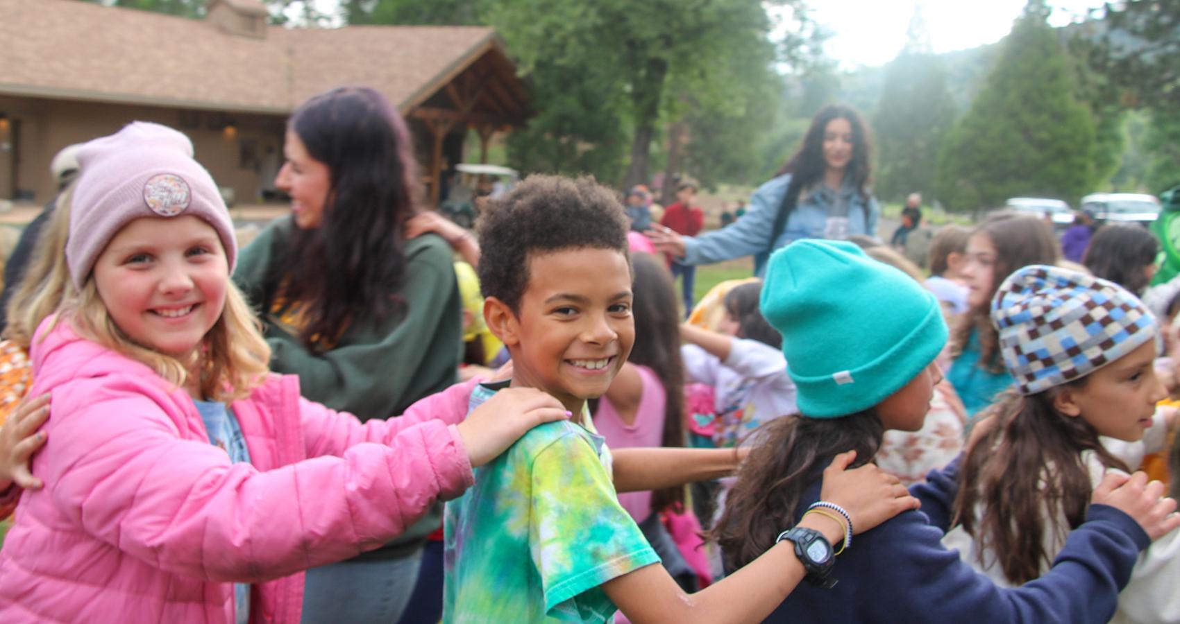 campers in a line