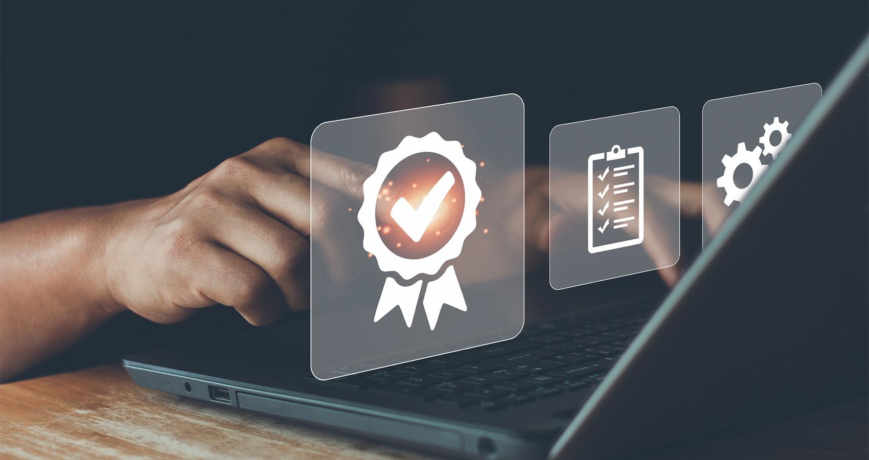 photo of laptop with checkmark/badge illustration