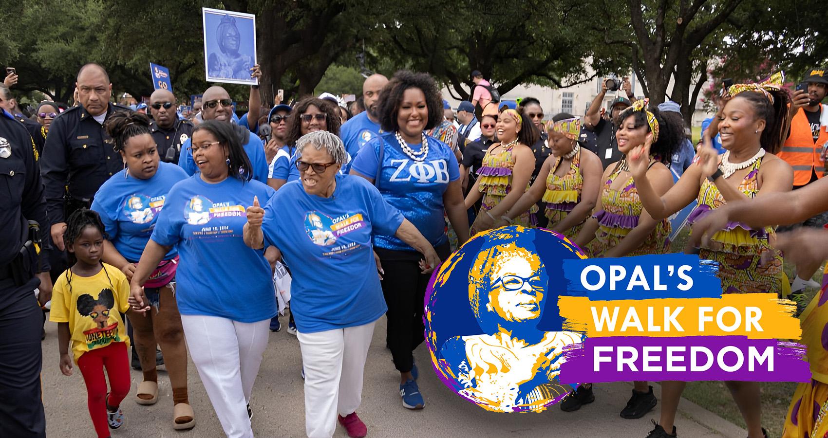 Dr. Opal Lee with the Opal's Walk for Freedome logo