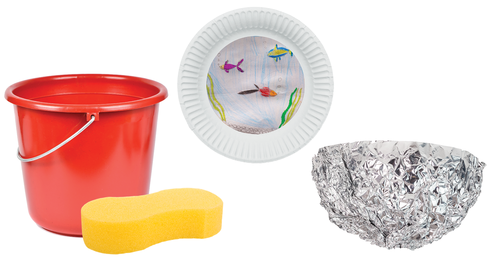 Bucket and sponge, paper plate aquarium, and foil boat
