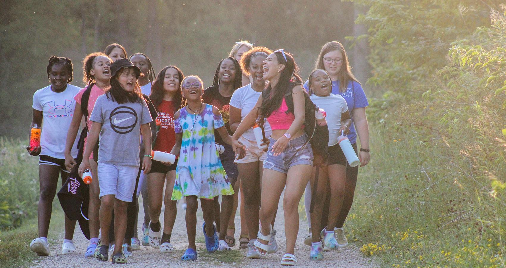 group of campers walking