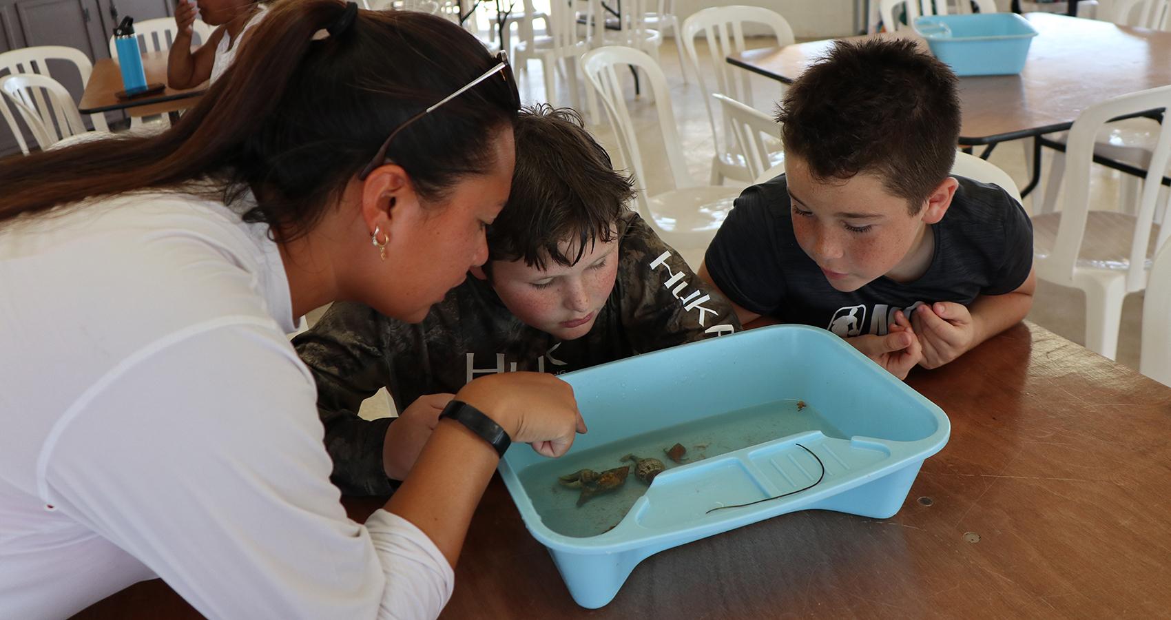 counselor with campers looking at objects in water