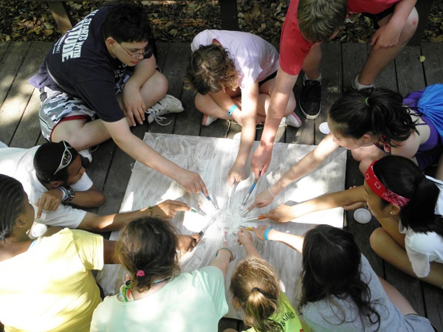 Campers group painting on canvas