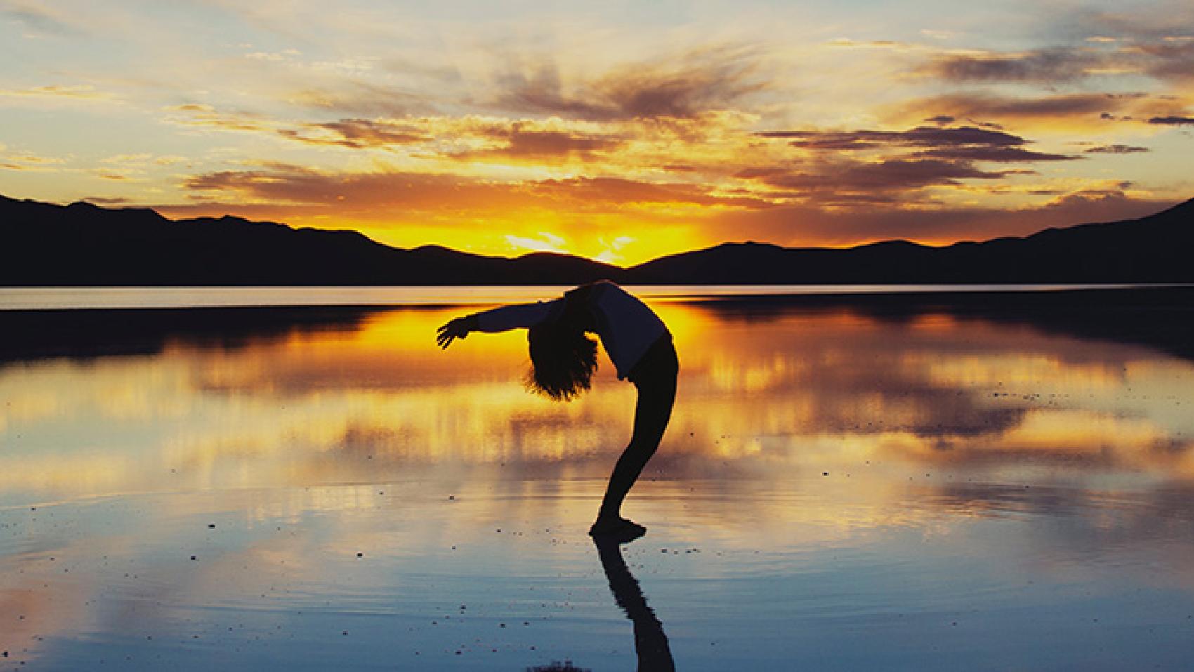 silhouettes of girl on beach at sunset