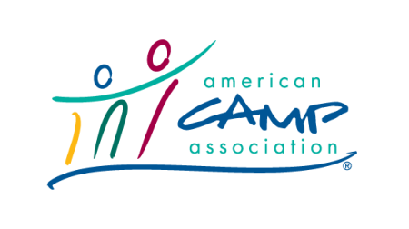 Abstract of child holding adults hand left of 'American Camp Association' text in five colors