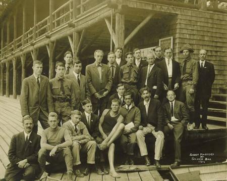 At the Boat House. Scout Masters at Silver Bay, 1911