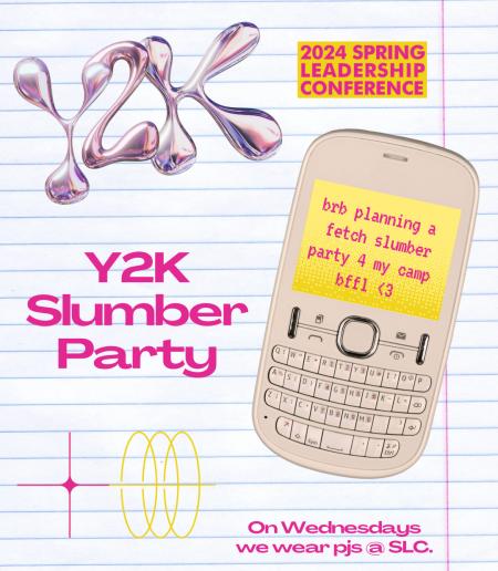 Y2K slumber party graphic with old cell phone