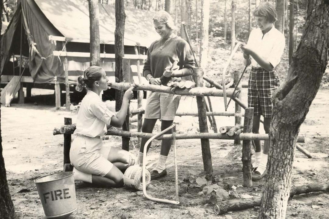 Historical photo of Camp Newaygo - campers building fence