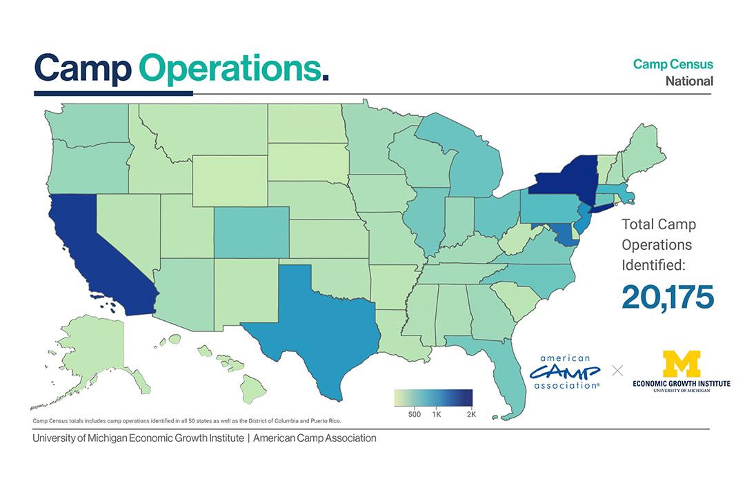 Map of the United States showing the number of camp operations by state — valuable demographic data for camp operators