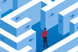 Illustration of person in maze deciding which direction to take