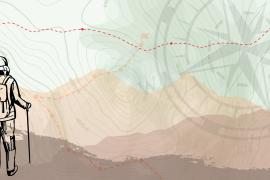 Graphic with overlaying mountains, compass, hiking trail, and hiker