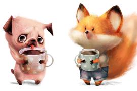 Dog and Fox drinking coffee