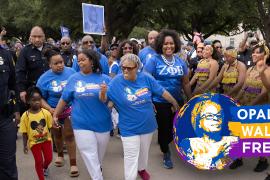 Dr. Opal Lee with the Opal's Walk for Freedome logo