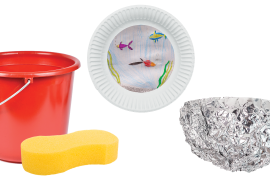 Bucket and sponge, paper plate aquarium, and foil boat