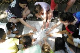 Campers group painting on canvas